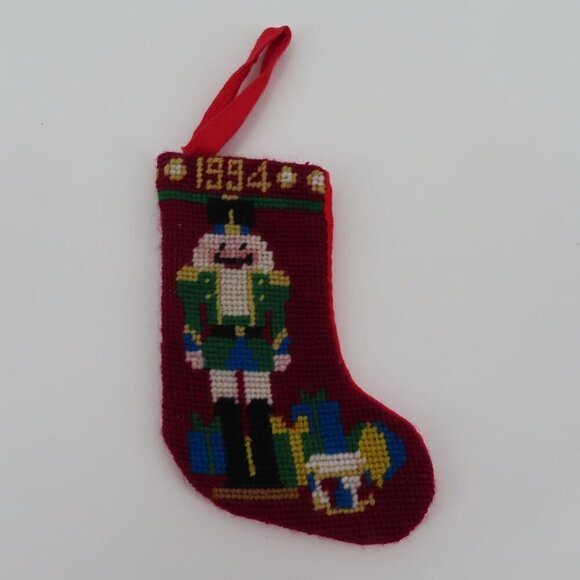 Handmade 1994 Nutcracker 4.25in Needlepoint Christmas Stocking Ornament Vintage - Picture 7 of 8
